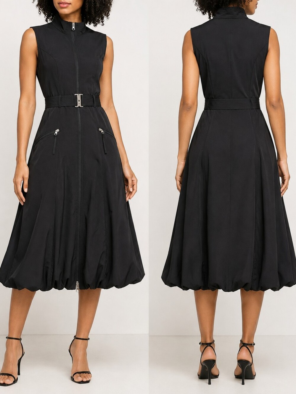 Linea Domani Petite Black Zip Front Bubble Hem Dress With Belt 4P